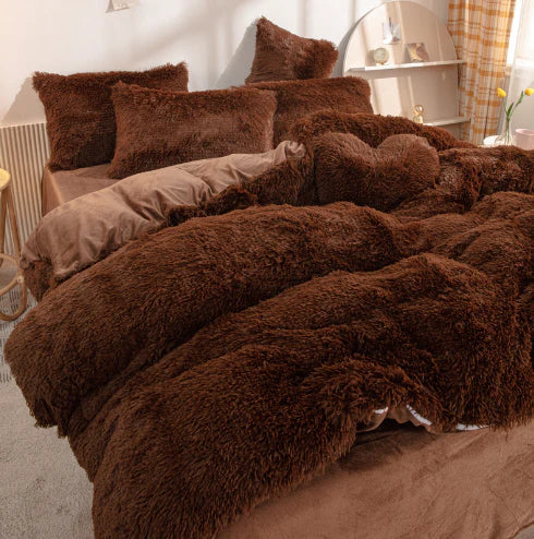 Candy-colored velvet duvet cover, soft fluffy textile enhancing cozy home decor.