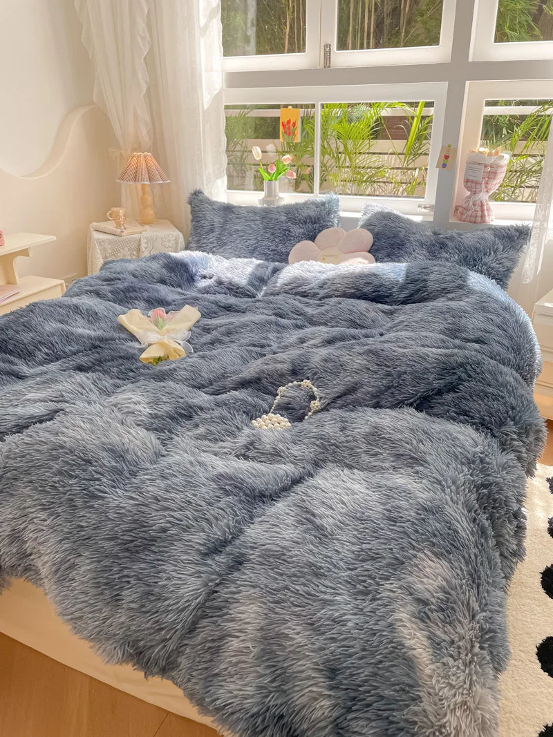 Luxurious fluffy duvet cover, candy-colored velvet for ultimate winter bedroom comfort.