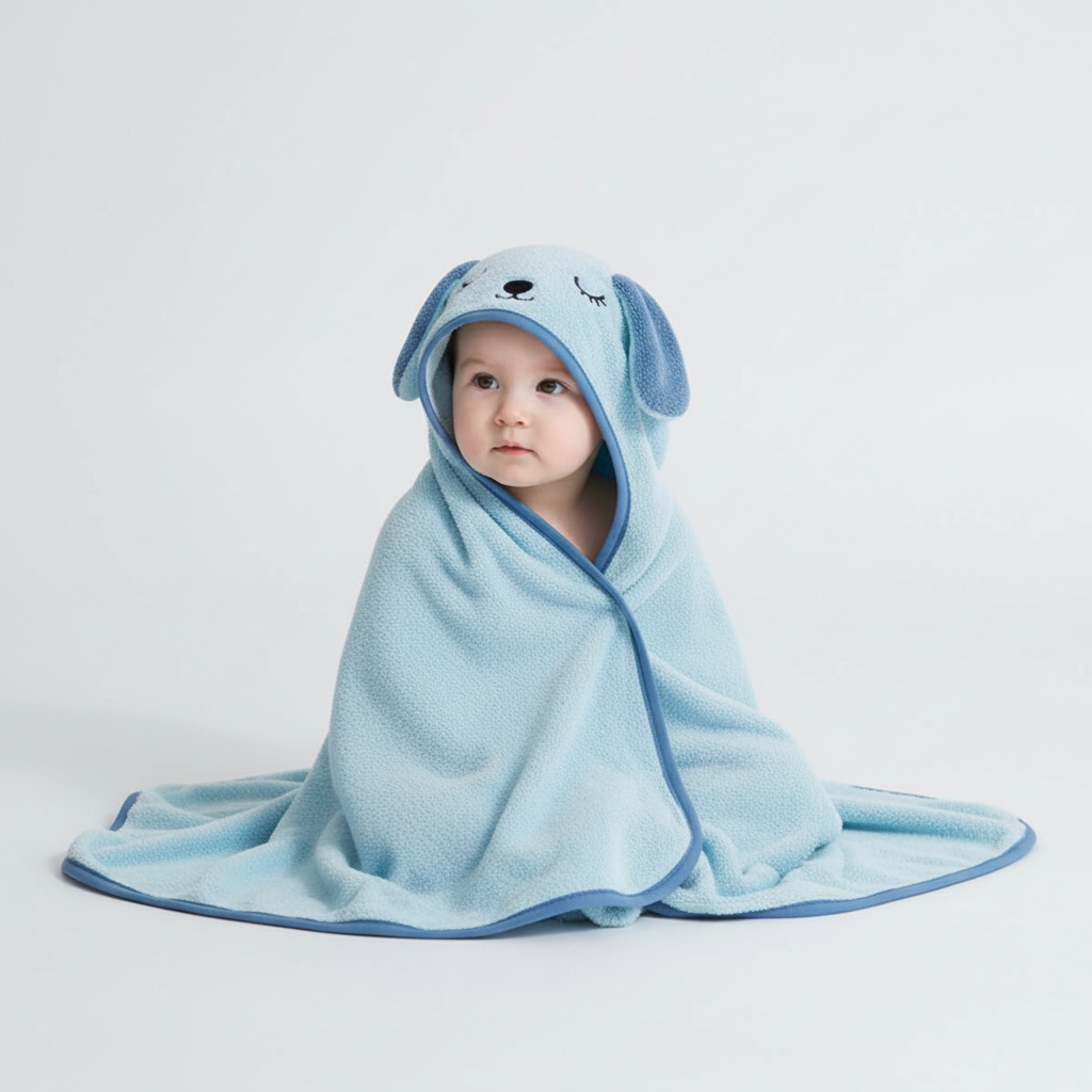 Close-up of white FluffyTowel baby hooded towel, extra soft for delicate infant skin, bath essentials