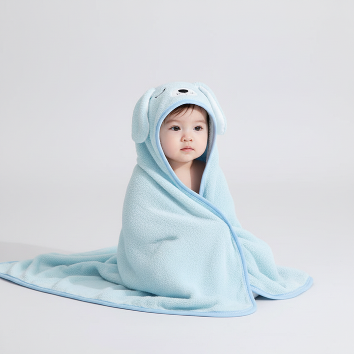 FluffyTowel baby hooded towel with embroidered animal, playful and soft for newborn bath essentials