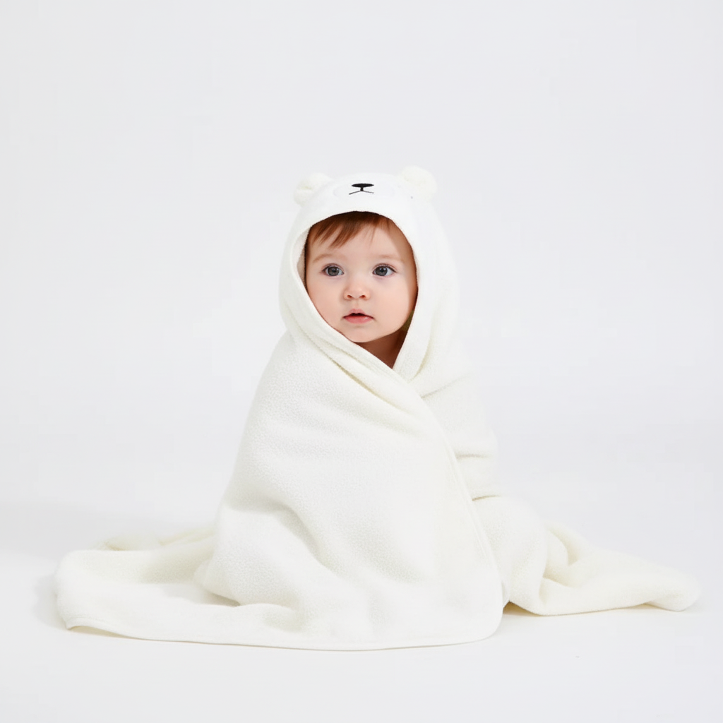 Newborn drying off with a gentle FluffyTowel hooded bath towel, perfect for sensitive baby skin