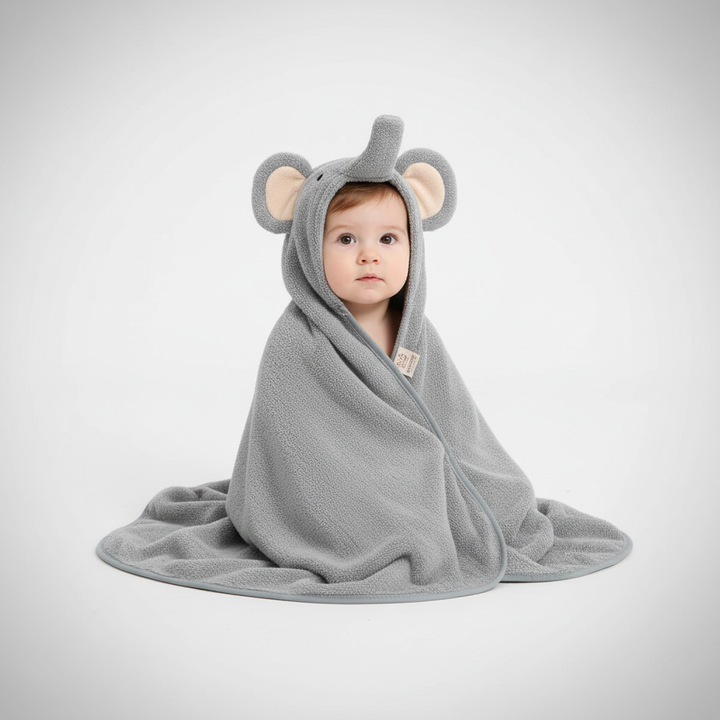 Toddler smiling in a warm FluffyTowel hooded towel, absorbent flannel for quick drying after bath