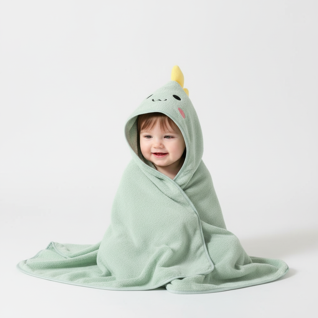 Mother gently drying her baby with a FluffyTowel hooded towel, essential for a cozy bath time
