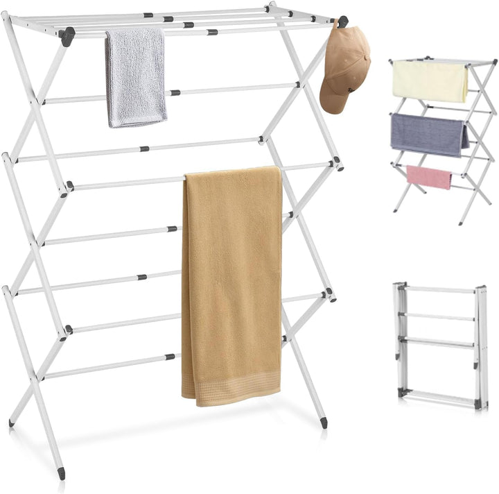 Foldable 3-tier clothes drying rack, a space-saving laundry solution for indoor or outdoor use.