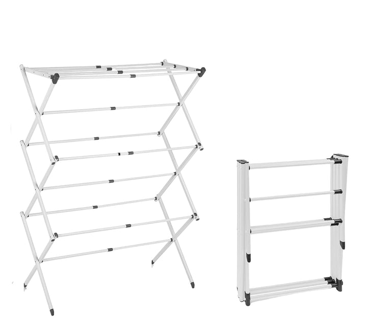 Durable clothes drying rack with three tiers, a versatile home essential for laundry.