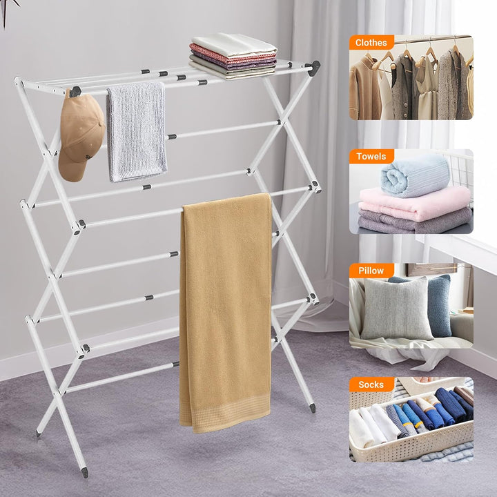White foldable clothes drying rack, featuring three tiers for ample drying space, a home essential.