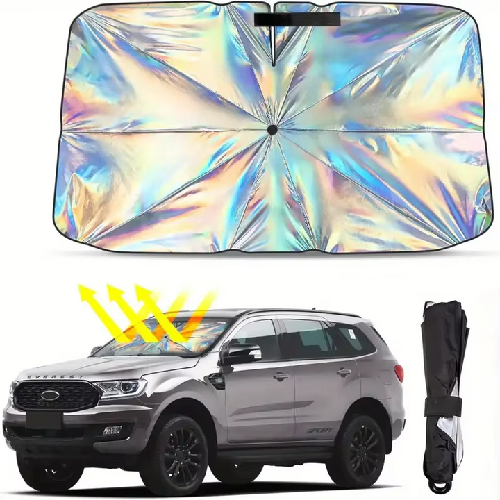 Foldable car windshield sun shade umbrella for UV & heat protection. Easy storage auto sun blocker for vehicle interior.