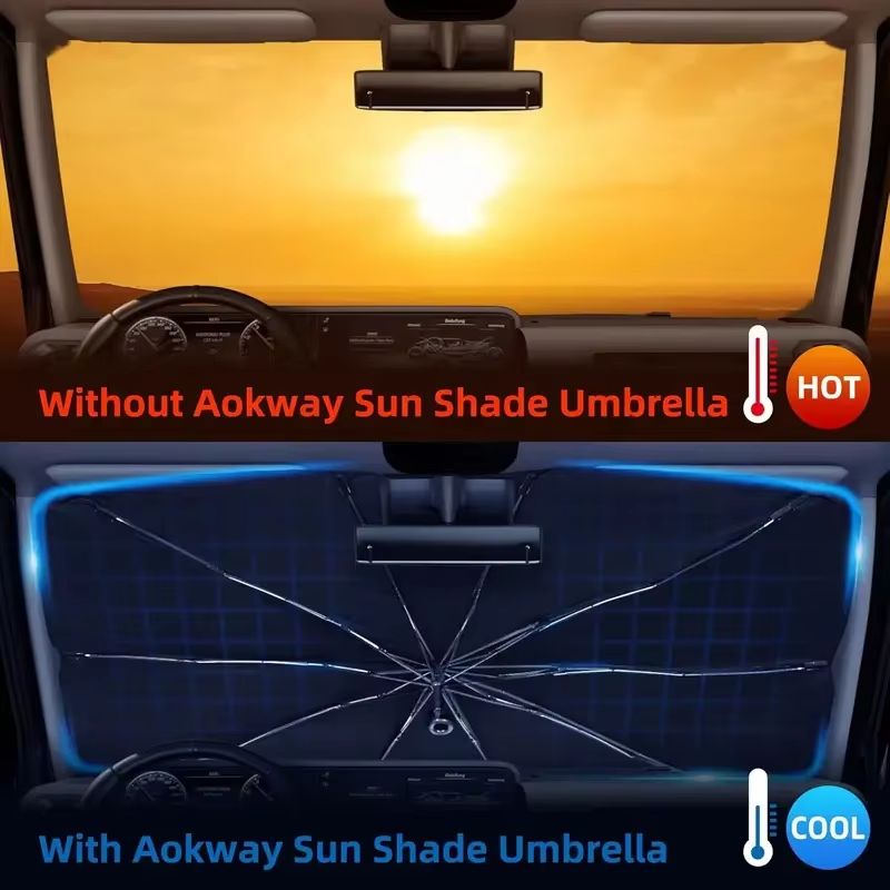Universal foldable car sunshade umbrella. UV & heat protection, reduces interior temp, easy windshield cover & sun blocker.