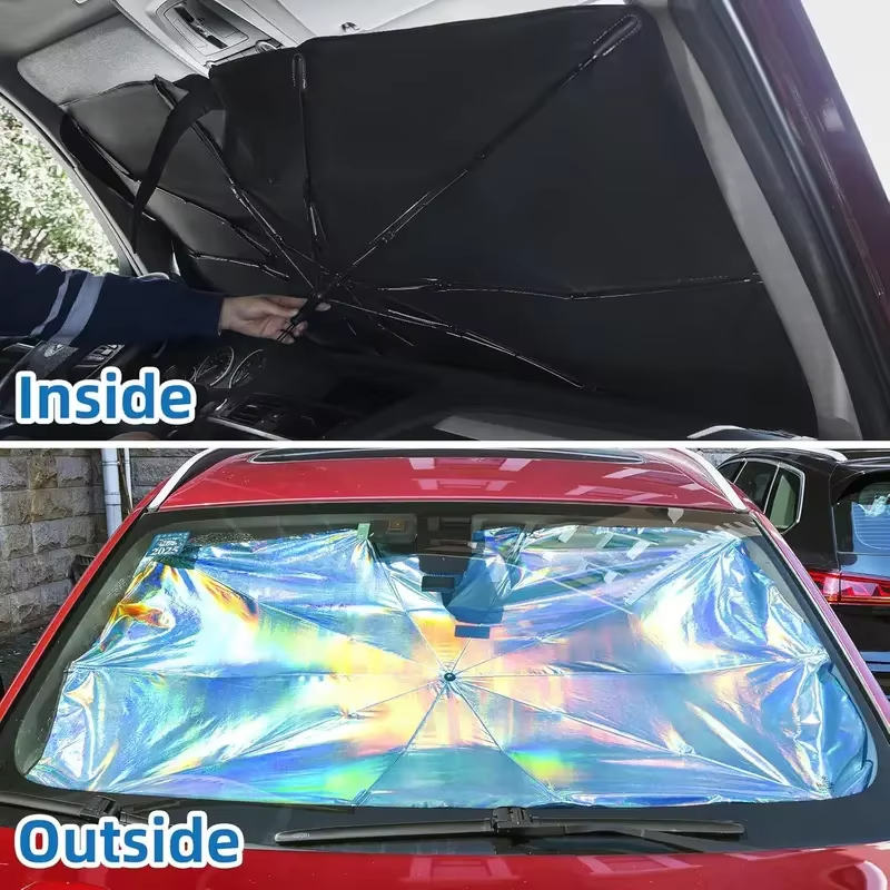 Umbrella-style foldable car sunshade provides superior UV & heat protection. Windshield cover for all vehicles, easy storage.