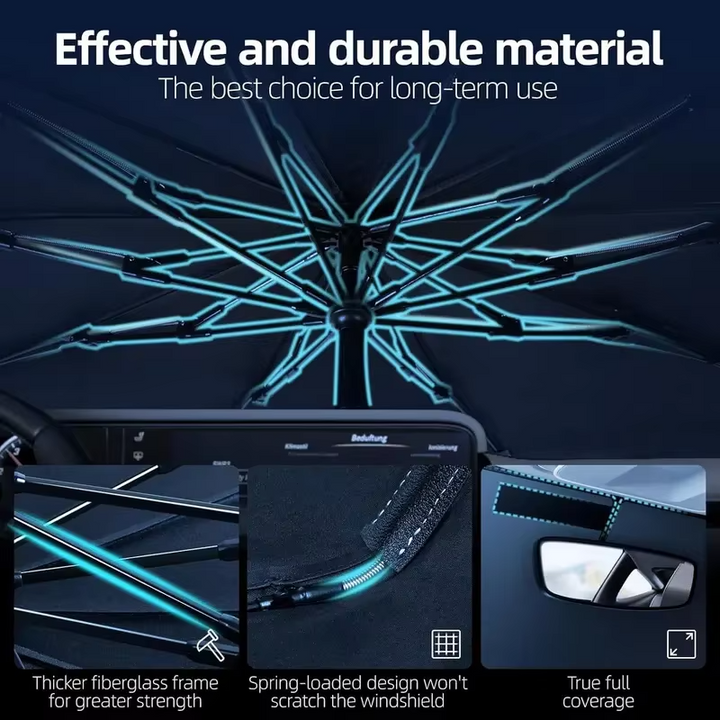 Easy-to-use foldable car windshield sun shade umbrella offers strong UV & heat protection for your vehicle's interior.