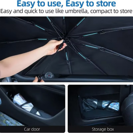 Compact foldable car sunshade umbrella. Excellent heat reduction & UV protection. Universal windshield cover, easy storage.