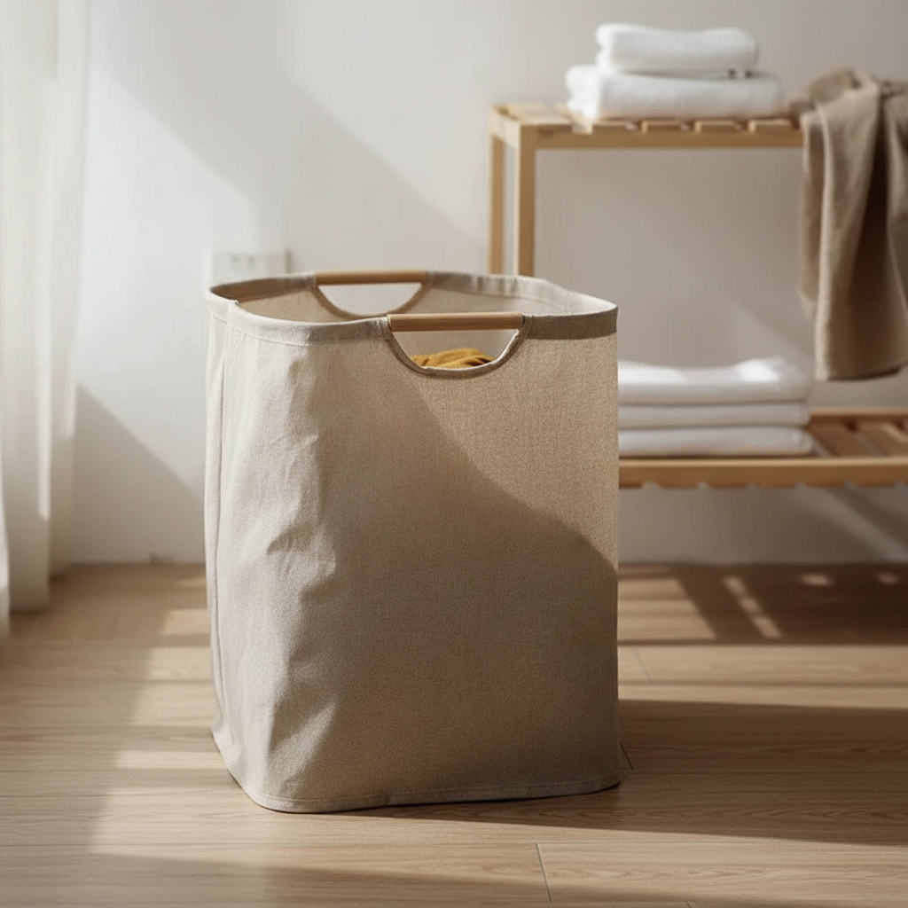 Foldable cotton linen storage basket for decluttering, minimalist home organizer