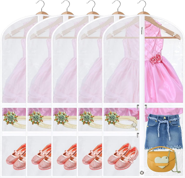 Foldable dance garment bags with zipped accessory pockets for costumes, dancewear, and travel. 5-pack.