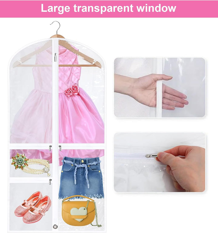 Portable 5-pack of foldable dance garment bags, perfect for protecting dancewear & costumes during travel with pockets.