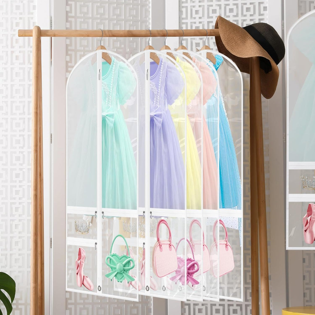 5-pack foldable garment bags for dance costumes, dresses & suits, featuring handy zipped pockets for accessories.