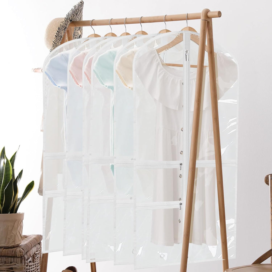 Durable foldable dance garment bags (5-pack) for dancewear, costumes & travel. Zipped pockets for organized storage.