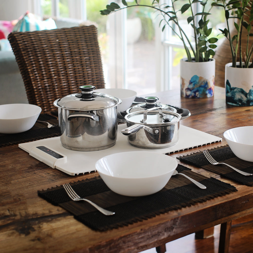 HeatMate foldable electric warming mat, designed for convenient party serving and keeping multiple dishes warm.