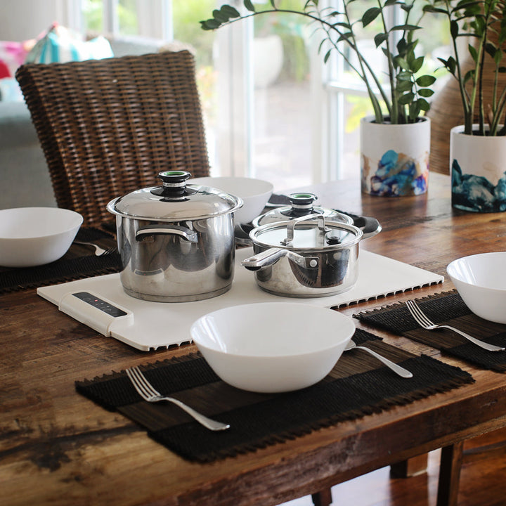 HeatMate foldable electric warming mat, designed for convenient party serving and keeping multiple dishes warm.
