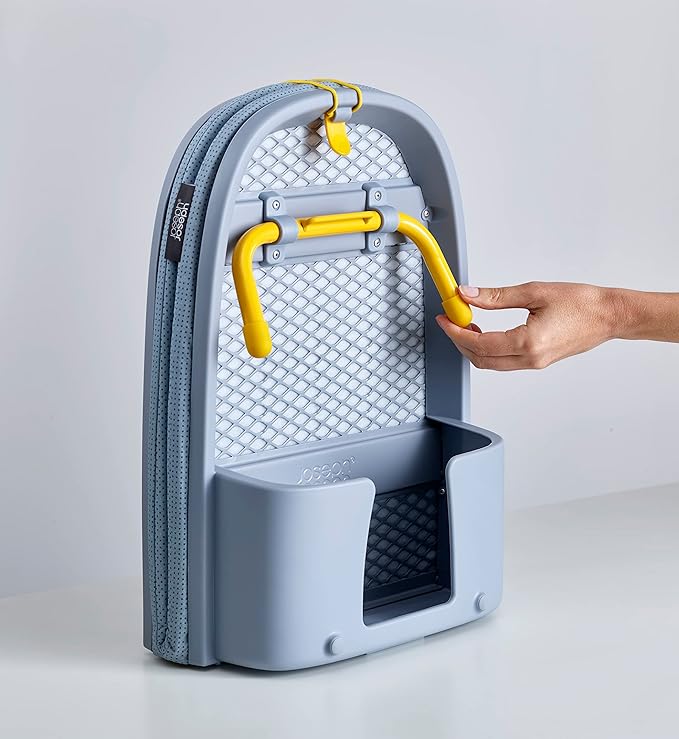 Portable ironing board with DripLock, easily stored and set up for quick garment care