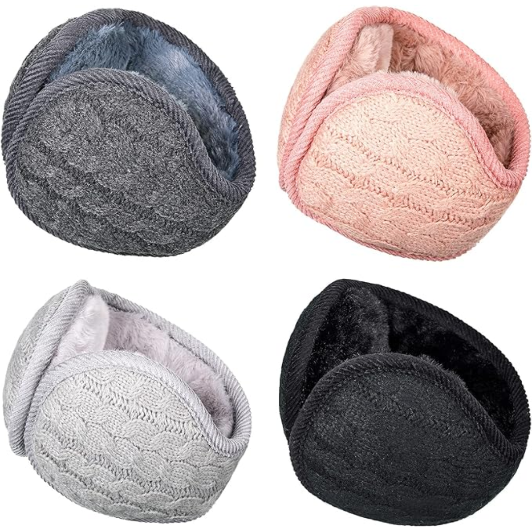 Foldable knitted ear warmers in black for unisex winter fashion, fleece lined, set of 4.