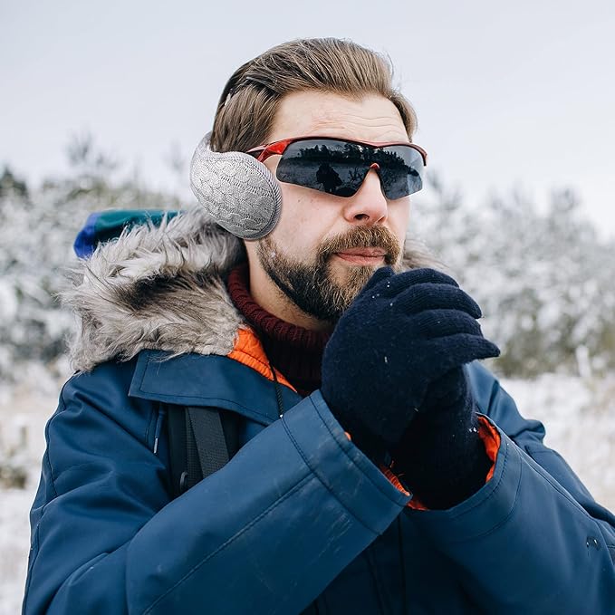BundleMuffs black unisex foldable knitted ear warmers, comfortable and stylish for winter outdoor wear.