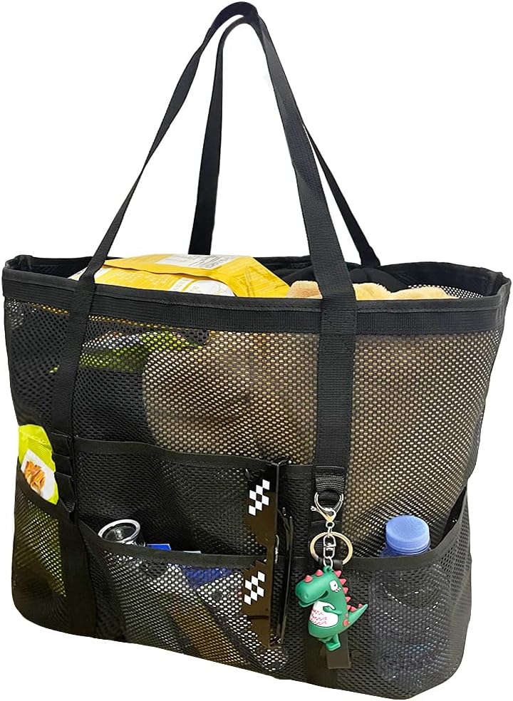 Foldable mesh beach tote bag with 9 pockets, perfect for family outings