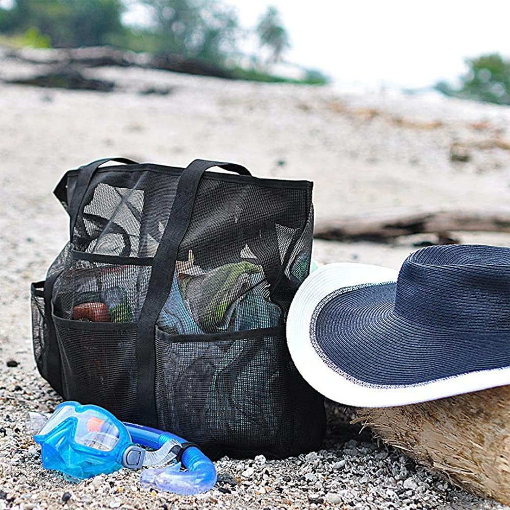 Unisex mesh beach bag with multiple compartments for towels and toys