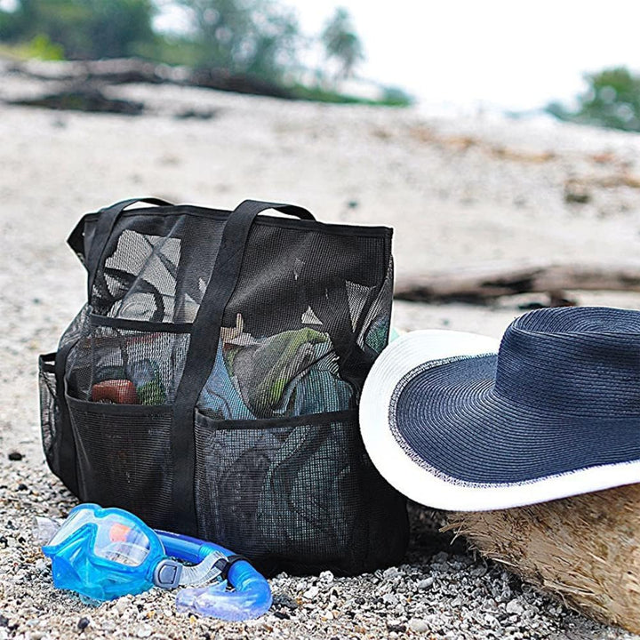 Unisex mesh beach bag with multiple compartments for towels and toys