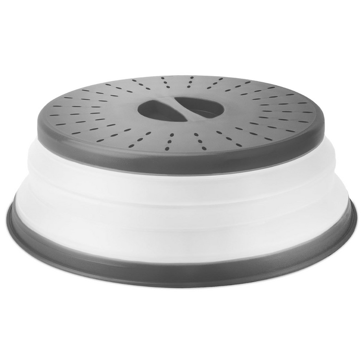 Foldable silicone microwave splatter cover with steam vents, red, for kitchen use