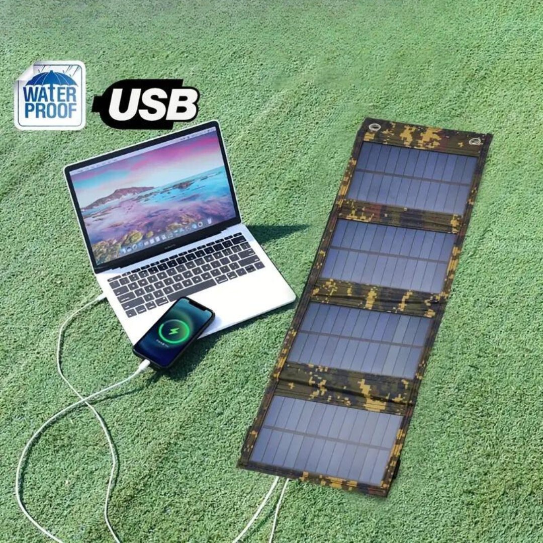 Portable solar power bank with foldable panels for emergency charging. Essential survival gear, compact for travel and outdoor use.