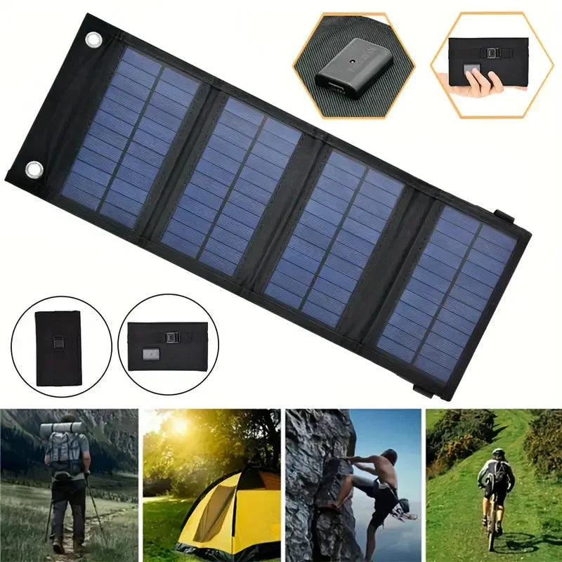 Unisex portable solar charger, foldable panels for sustainable power. Ideal for travel, camping, hiking, and emergency kits.