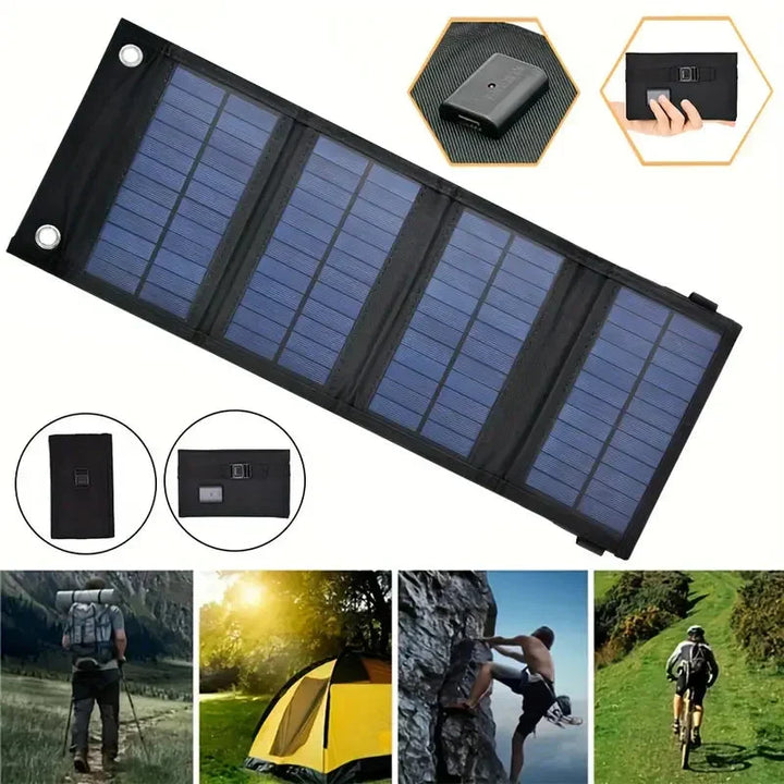 Unisex portable solar charger, foldable panels for sustainable power. Ideal for travel, camping, hiking, and emergency kits.