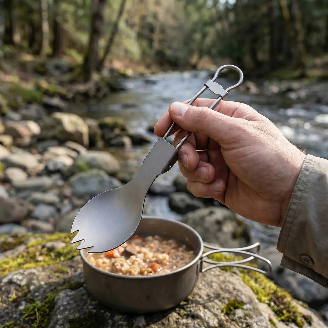 Foldable titanium spork for camping, hiking, & travel. Lightweight, durable utensil for outdoor adventures.
