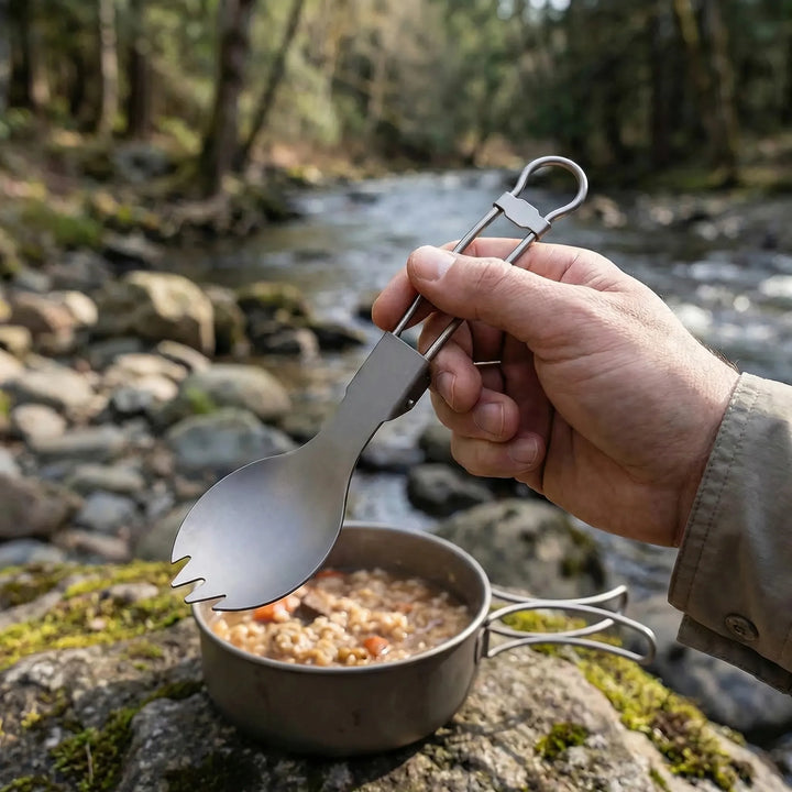Foldable titanium spork for camping, hiking, & travel. Lightweight, durable utensil for outdoor adventures.