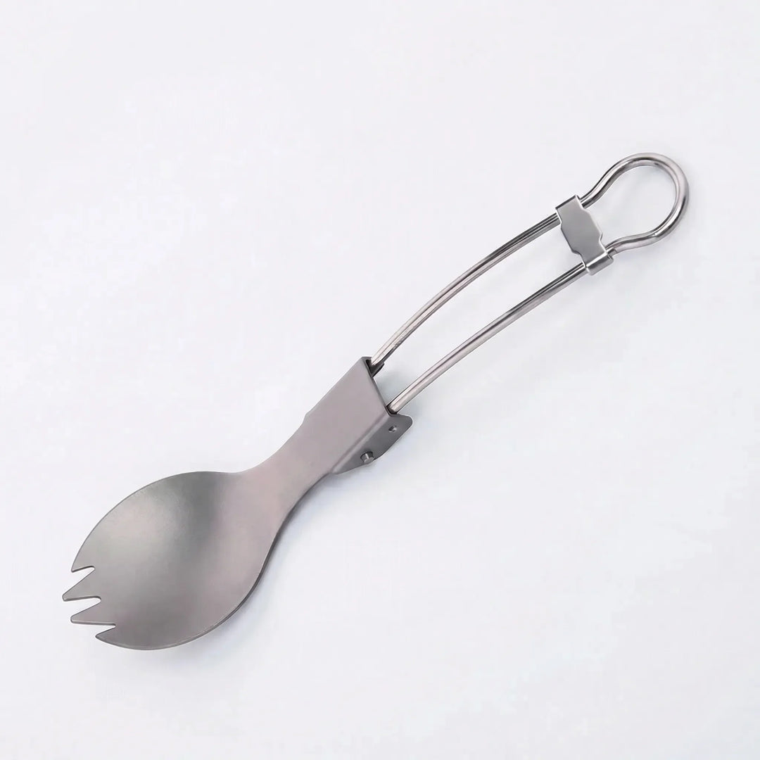 Unisex foldable titanium spork, ideal lightweight utensil for camping, hiking, outdoor picnics.
