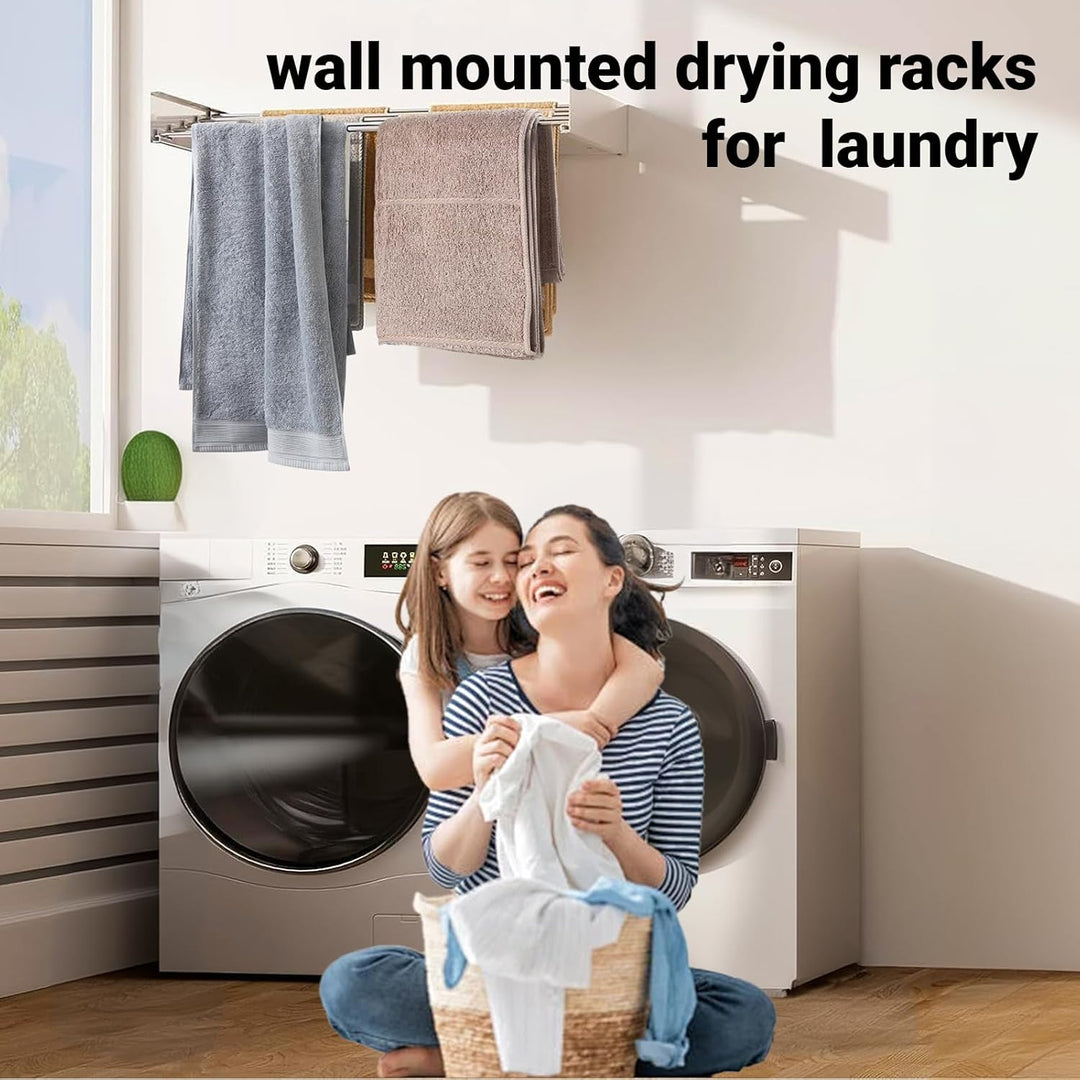 White wall-mounted clothes rack, neatly folded against the wall, emphasizing its space-saving design