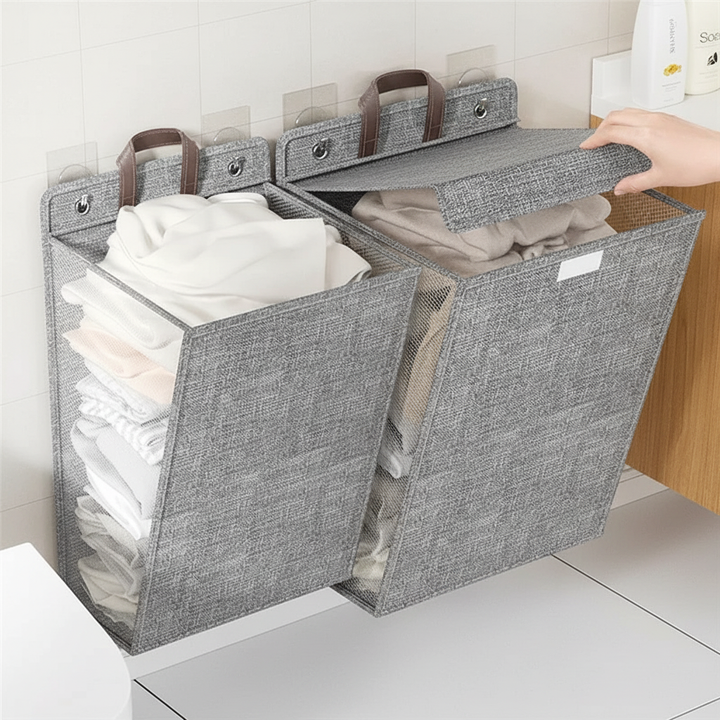 Foldable wall-mounted laundry hamper, space-saving design for bathroom storage