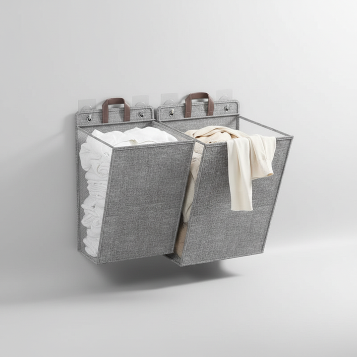 Wall-mounted laundry hamper, collapsible fabric basket for small spaces