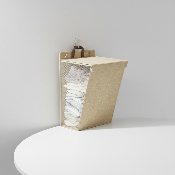 Collapsible laundry hamper, wall-mounted to free up floor space