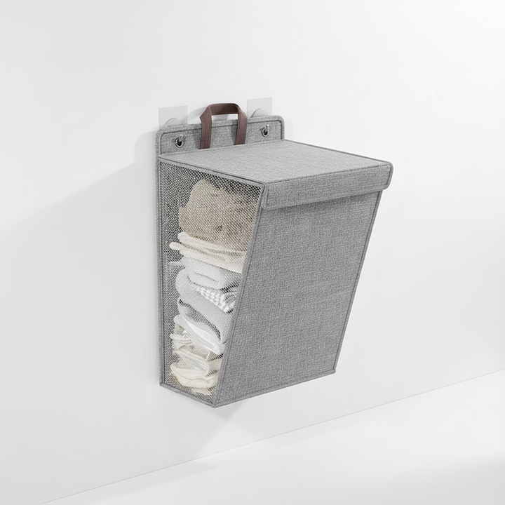 Modern foldable laundry basket, easily mounts to wall for storage