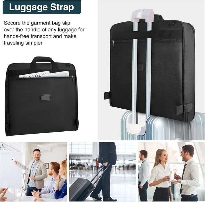 Waterproof garment bag for travel, unfolded, showing suit & shoe compartments, carry-on size
