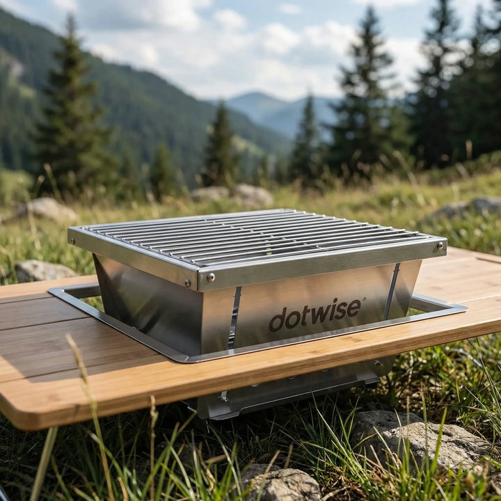 Folding portable BBQ grill for camping, compact charcoal & firewood travel grill, easy setup outdoor cooking.