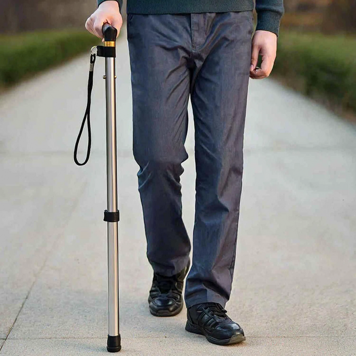 Folding walking cane, adjustable & portable, for easy travel & storage, offering reliable support for seniors.