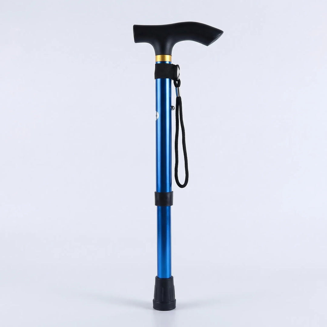 Lightweight folding mobility aid with an ergonomic handle, adjustable for personalized, comfortable support.