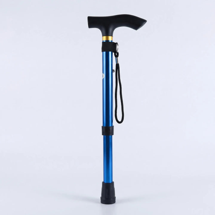 Lightweight folding mobility aid with an ergonomic handle, adjustable for personalized, comfortable support.
