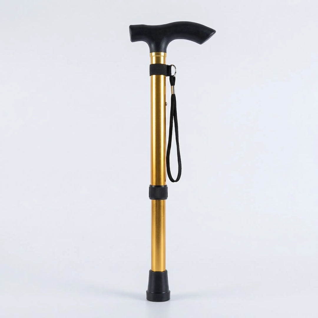 Multi-color folding walking stick, adjustable height, providing stylish & portable support for seniors.