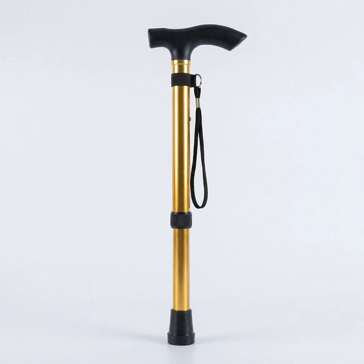 Multi-color folding walking stick, adjustable height, providing stylish & portable support for seniors.
