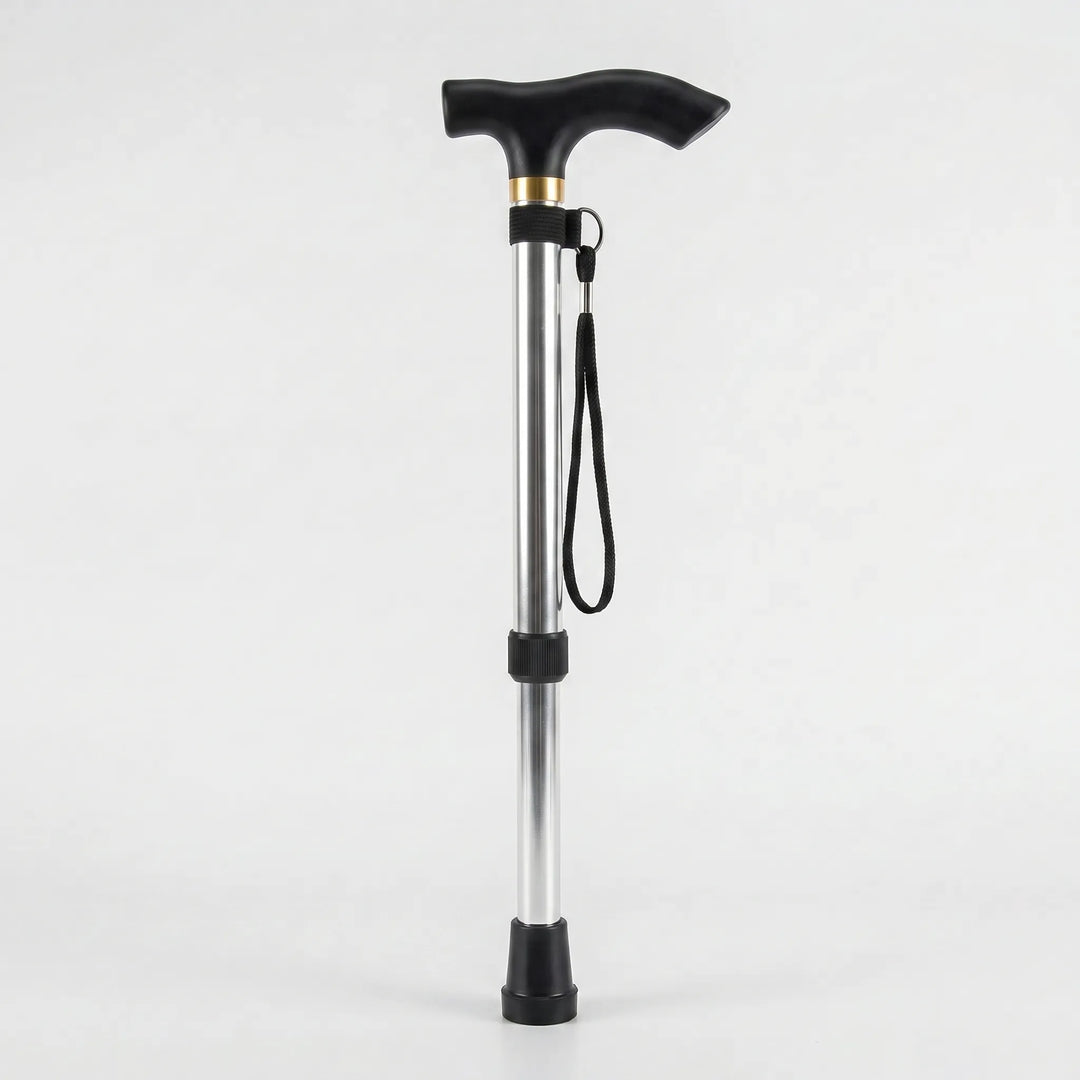 Portable mobility aid, an adjustable folding walking cane with ergonomic grip for enhanced senior support.