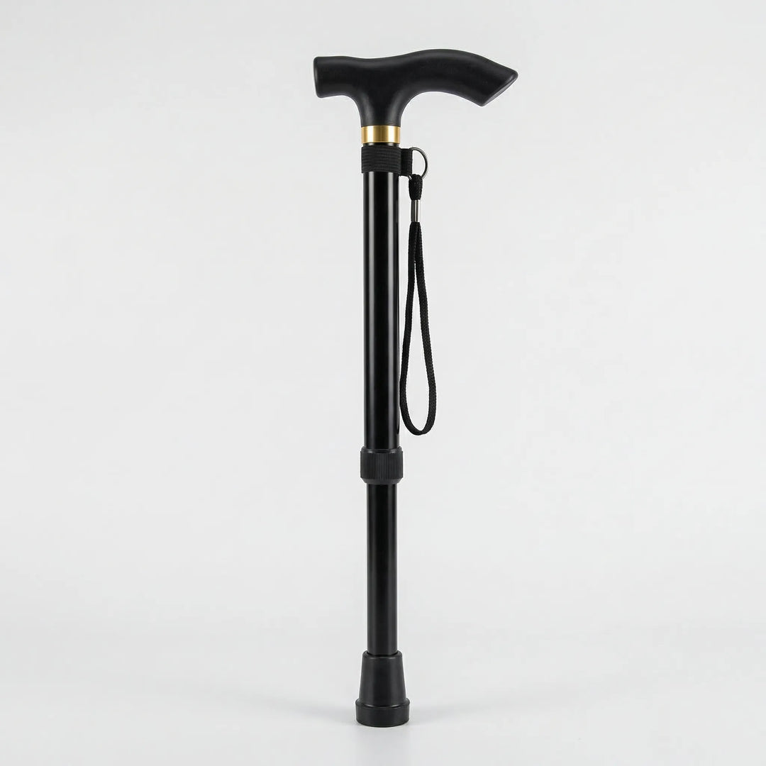 Compact folding walking cane, adjustable height, offering portable, stable support for travel and daily use.