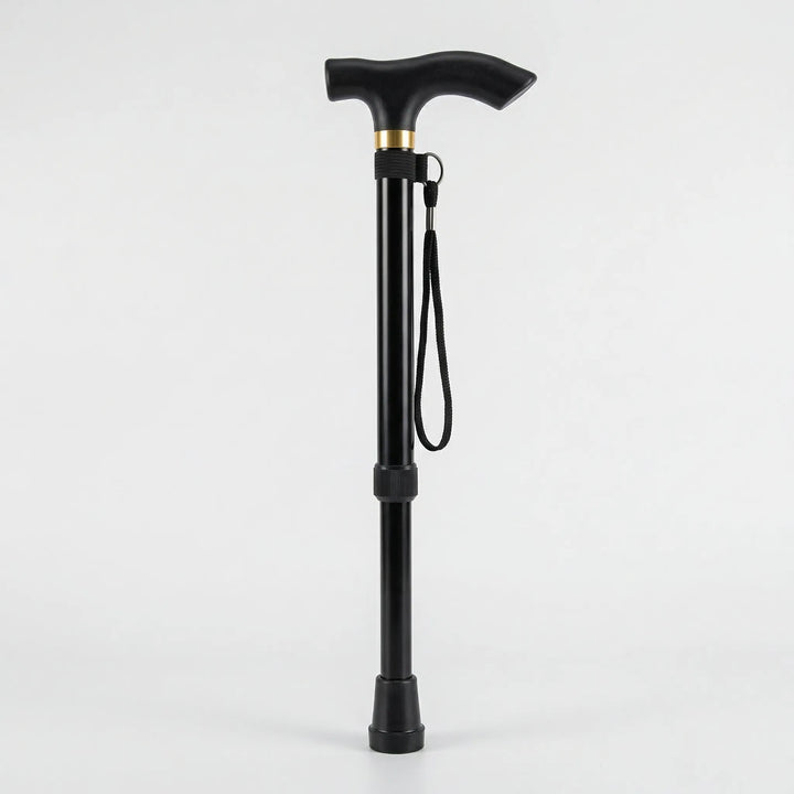 Compact folding walking cane, adjustable height, offering portable, stable support for travel and daily use.